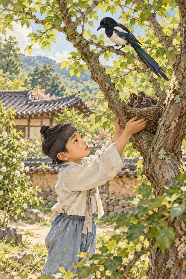 Un niño vuelve a colocar un nido con polluelos en la horqueta de un árbol, mientras una urraca observa.
