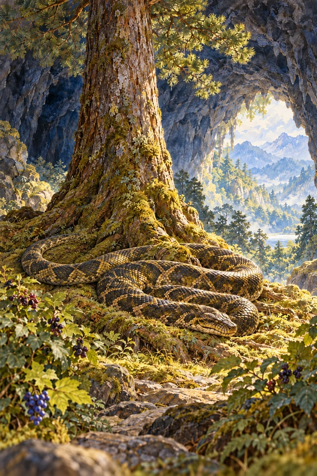 Una gran serpiente descansa al pie de un pino junto a la entrada de una caverna luminosa.