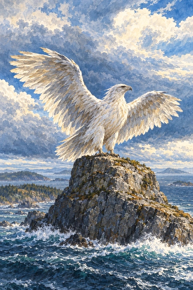 El enorme pájaro blanco Wuchowsen abre las alas sobre una roca entre nubes y viento.