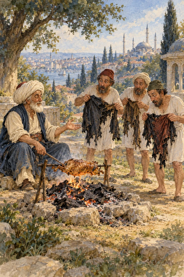 Nasrudín señala la ropa quemada junto al asado ante sus amigos sorprendidos.