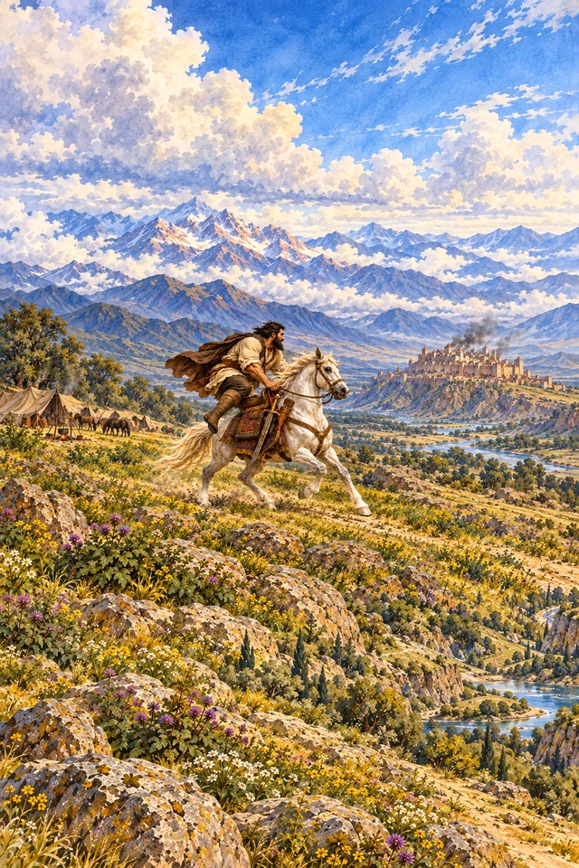 Rostom monta de un salto su caballo de cascos blancos, que ha llegado con sus armas para acudir al rescate.