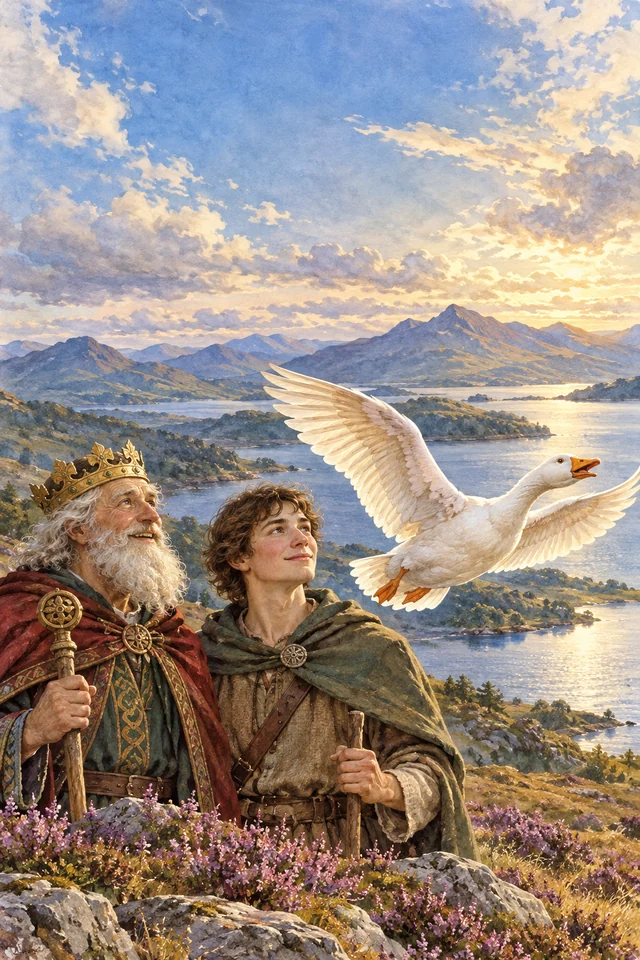 El rey O’Toole y un joven observan al ganso que vuelve a volar sobre el lago.