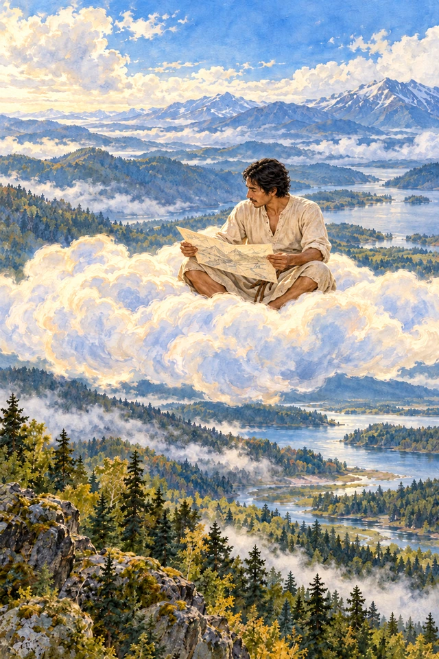 Un viajero sostiene su mapa mientras recorre sobre una nube un paisaje de montañas y ríos.