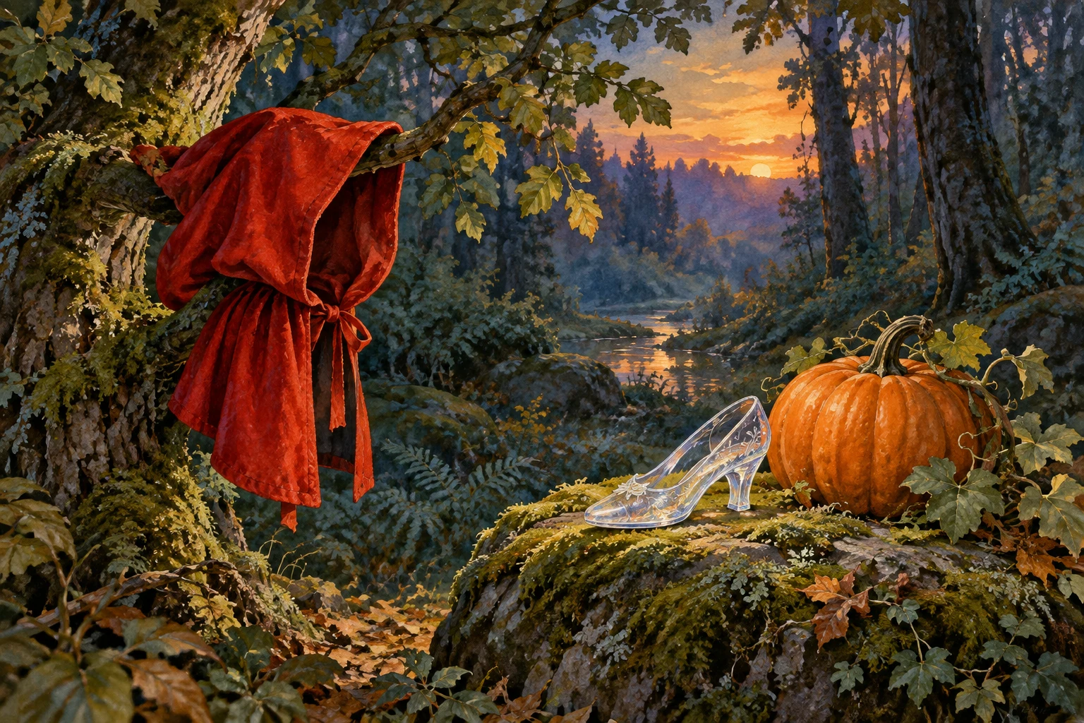 Una capucha roja cuelga de una rama; una zapatilla de vidrio y una calabaza descansan en una piedra del bosque.