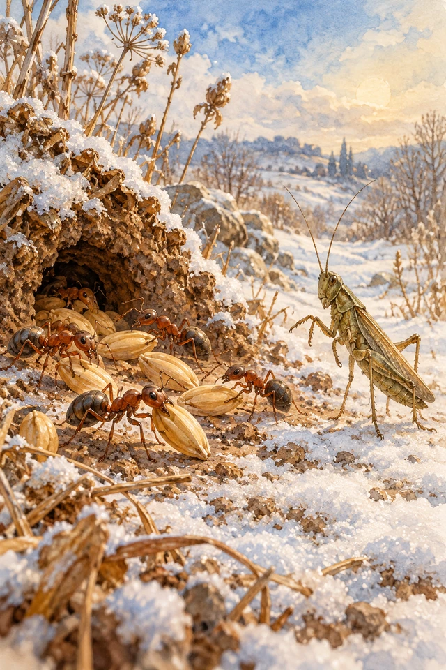 Un saltamontes hambriento se acerca a unas hormigas que secan granos en invierno.
