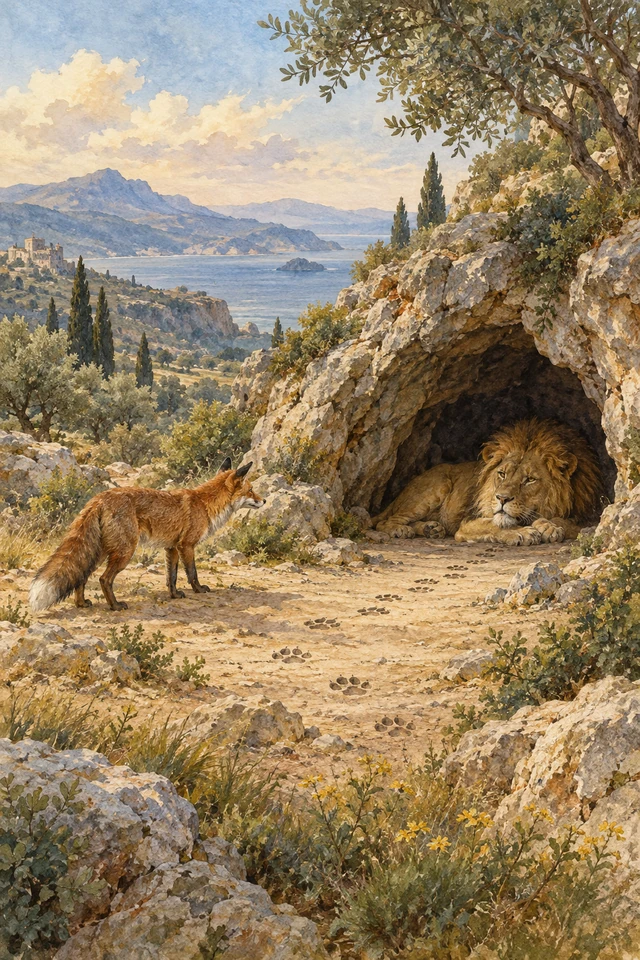 Un zorro observa desde fuera las huellas que entran en la cueva de un león.