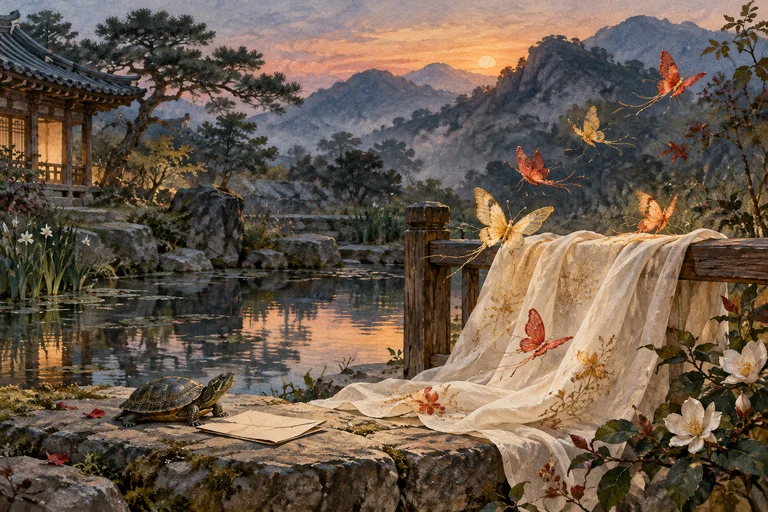 Mariposas de seda se elevan sobre una tela blanca junto a una tortuga y una carta, ante un jardín coreano al atardecer.