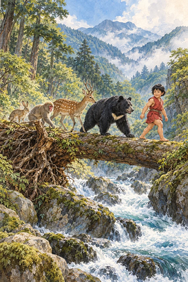 Kintaro y sus amigos, una osa, un ciervo, un mono y una liebre, cruzan el río por un tronco.