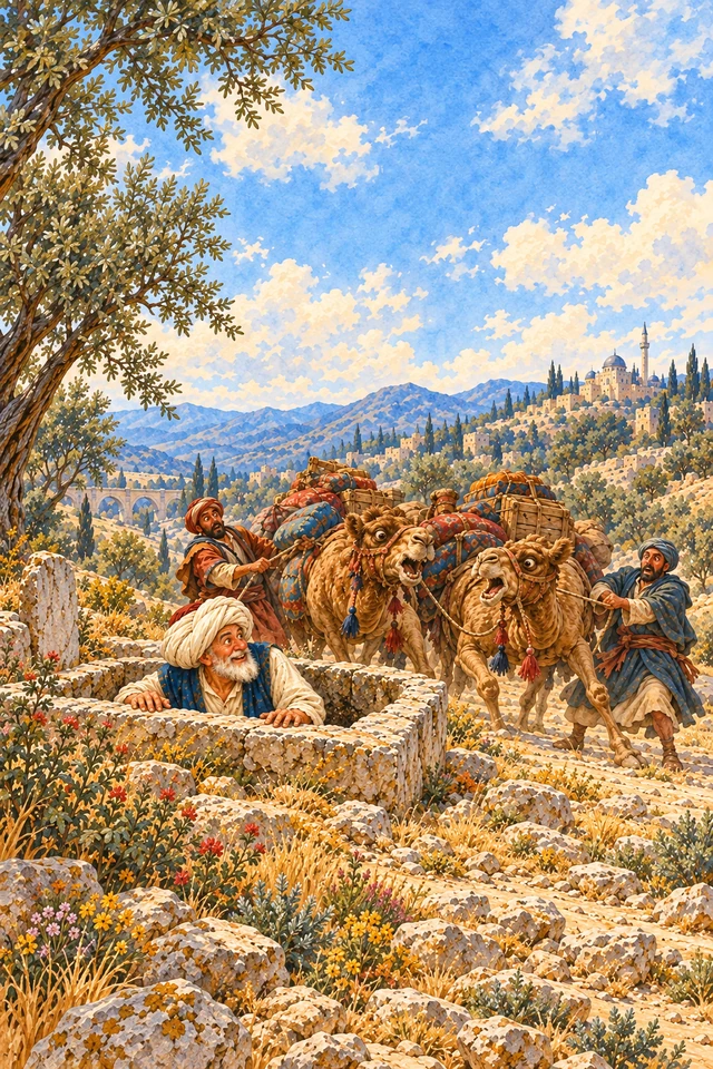 Nasrudín asoma de una tumba y sobresalta a los camellos de una caravana.