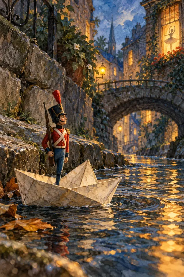 Un soldadito de juguete navega en un barco de papel por un canal.