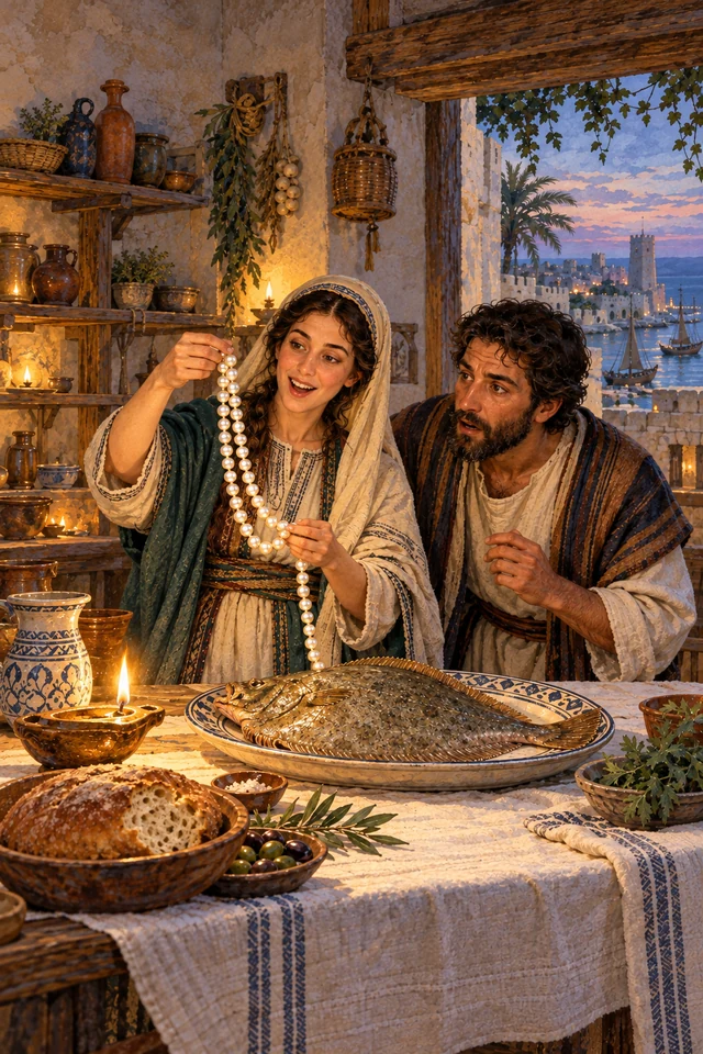 José y su esposa contemplan un collar de perlas junto a un gran rodaballo sobre la mesa.