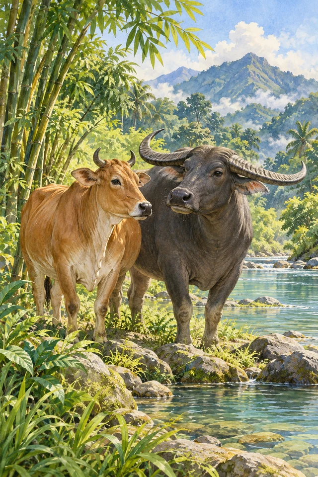 La vaca y el carabao descansan junto al río al que llegaron después de escapar.