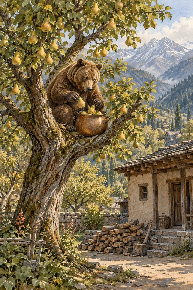 Un oso junta peras en una olla de bronce mientras está sentado entre las ramas de un peral.