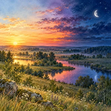 Ilustración simbólica: Tonos de amanecer, crepúsculo y noche sobre un paisaje bajo de bosques y lagos.
