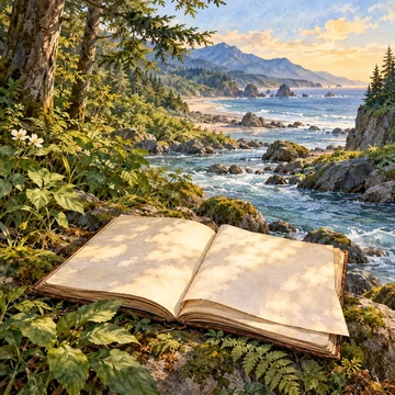 Imagen simbólica: Un cuaderno abierto junto a un río entre bosque y costa; dos hojas superpuestas evocan narración y traducción.