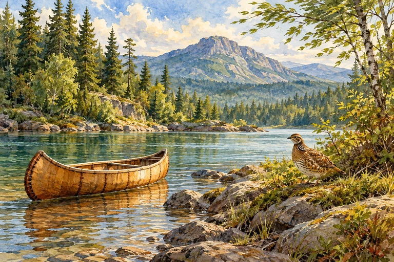 Una perdiz junto a una canoa en una orilla boscosa, con una montaña a lo lejos.