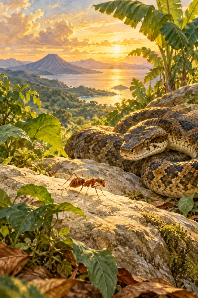 Una hormiga corre sobre una piedra junto a una serpiente, bajo una luz dorada.