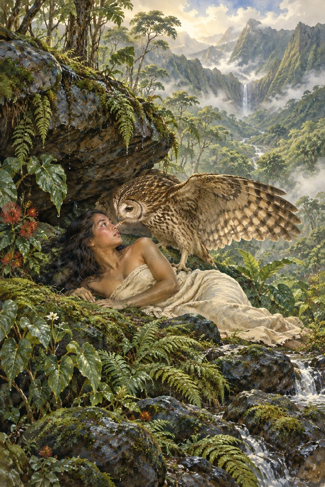 Un gran búho devuelve la vida a Kahalaopuna junto a una piedra del bosque de Manoa.