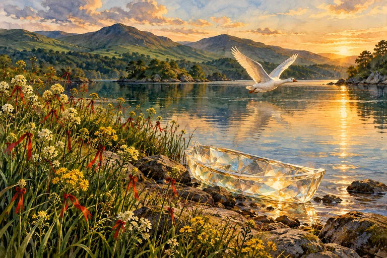 Una barca de cristal junto a un campo de cintas rojas y un ganso que vuela sobre el lago.