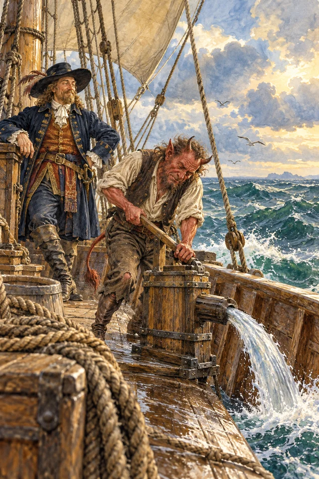 Un capitán observa al diablo que bombea sin fin el agua de su barco hacia el mar.