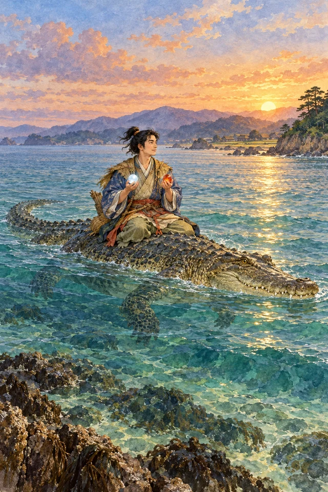 Hohodemi regresa sobre un cocodrilo llevando las dos joyas que gobiernan las mareas.