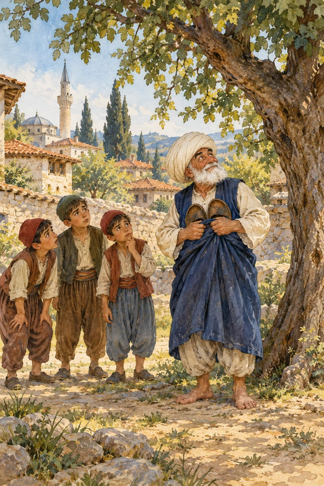 Nasrudín guarda las sandalias contra el pecho ante los muchachos reunidos al pie del árbol.