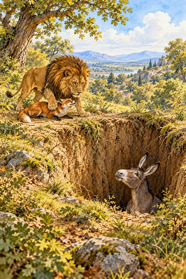 Un león atrapa al zorro junto al pozo profundo donde ha quedado encerrado el burro.