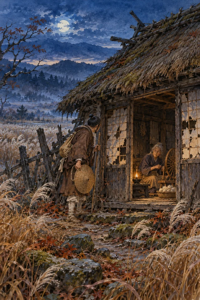 Un peregrino llega a una casa solitaria donde una anciana hila junto a una lámpara.