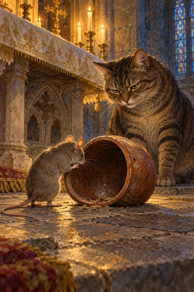 Una ratona descubre la olla vacía bajo el altar mientras una gata la observa.