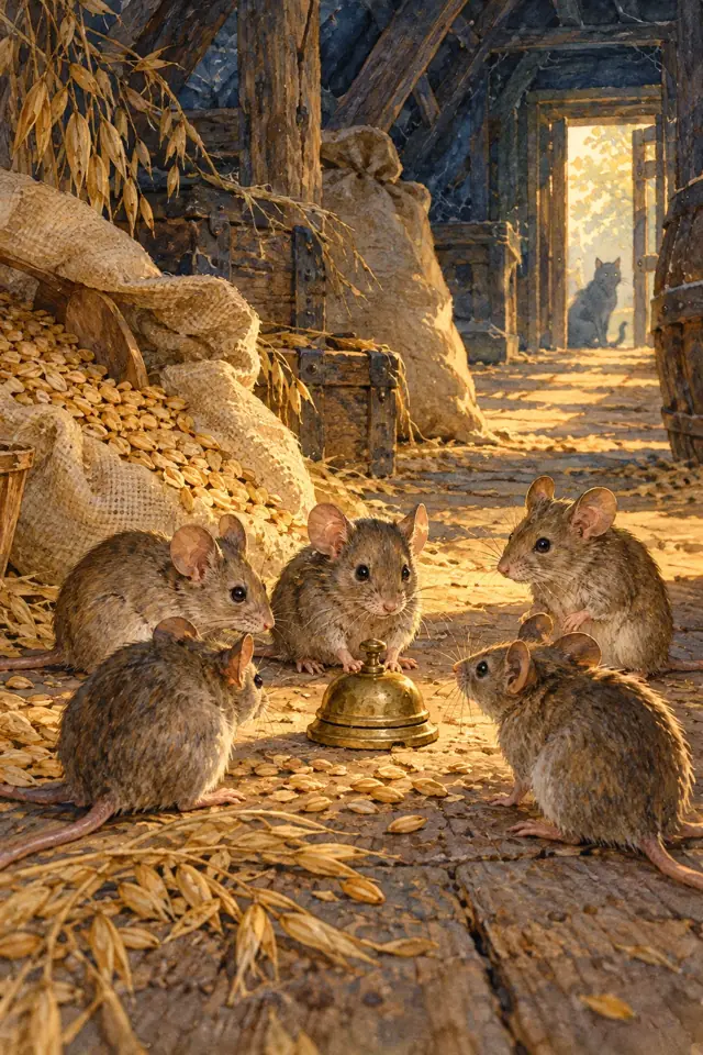 Cinco ratones se reúnen alrededor de un pequeño cascabel.