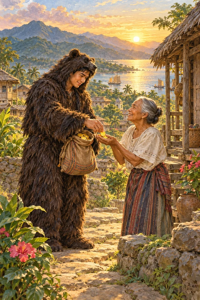 Idó, vestido con el traje semejante a un oso, entrega monedas para ayudar a una anciana.