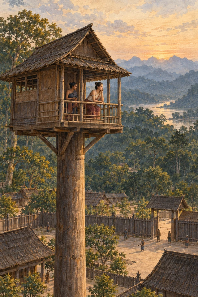 La princesa mira desde la casa construida sobre un único pilar, acompañada por una de sus cuidadoras.