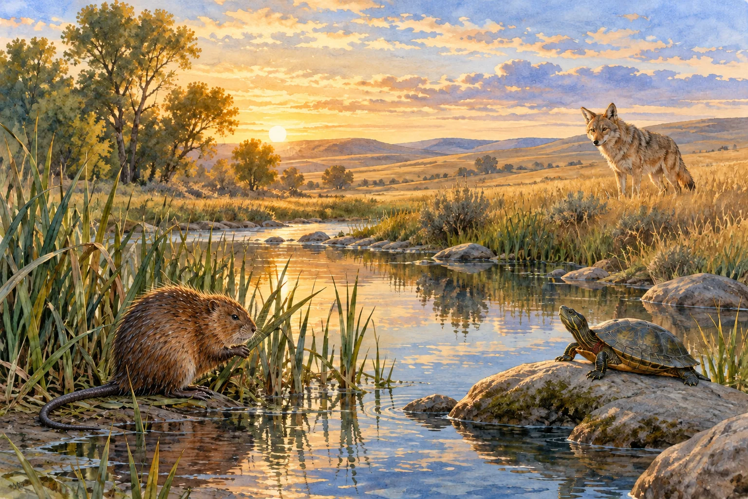 Una rata almizclera, una tortuga y un coyote junto a un arroyo de la pradera al amanecer.