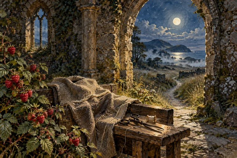 Una prenda a medio coser, hilo y tijeras en una iglesia de piedra a la luz de la luna, junto a unas frambuesas.