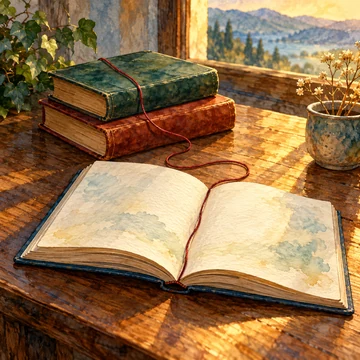 Imagen simbólica: Dos libros cerrados junto a un hilo que llega a un cuaderno abierto.