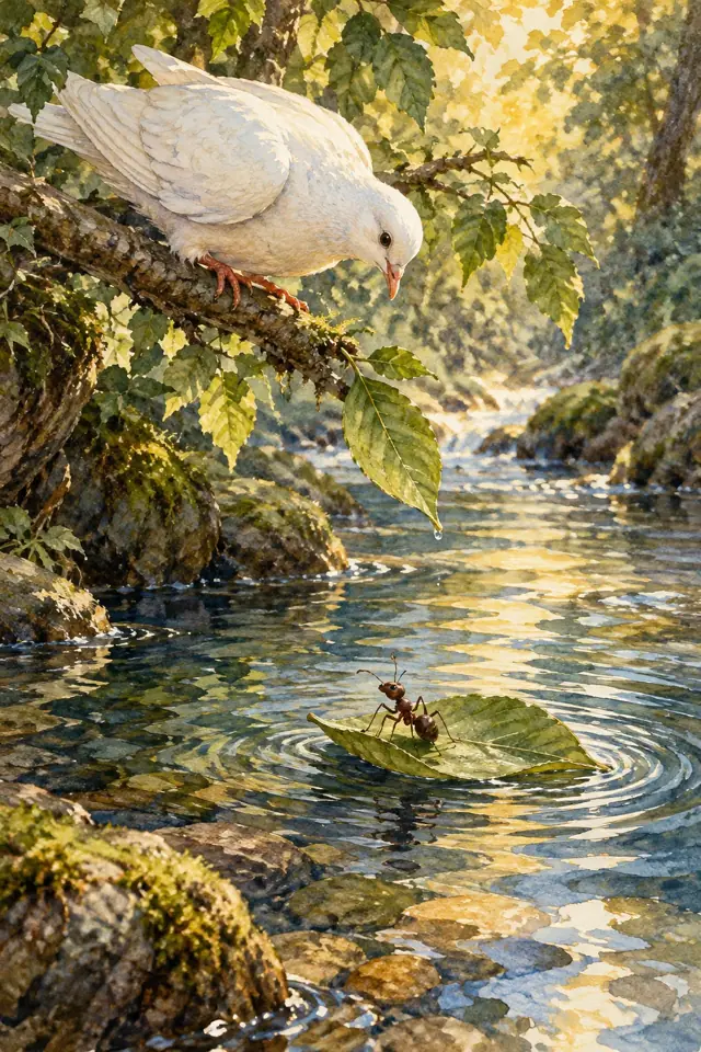 Una paloma ayuda a una hormiga que flota sobre una hoja en el río.