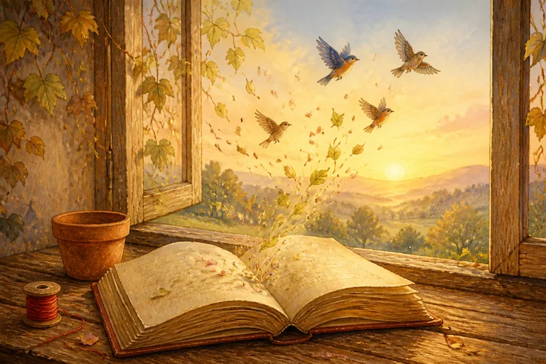 Un libro abierto sobre una mesa de madera junto a una ventana, del que salen hojas y pétalos mientras unos pájaros vuelan hacia el atardecer; al lado hay una maceta de barro vacía y un carrete de hilo rojo.