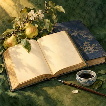 Ilustración simbólica de la traducción de Frederick H. Martens: libros abiertos junto a una rama de peral, tinta y una pluma.