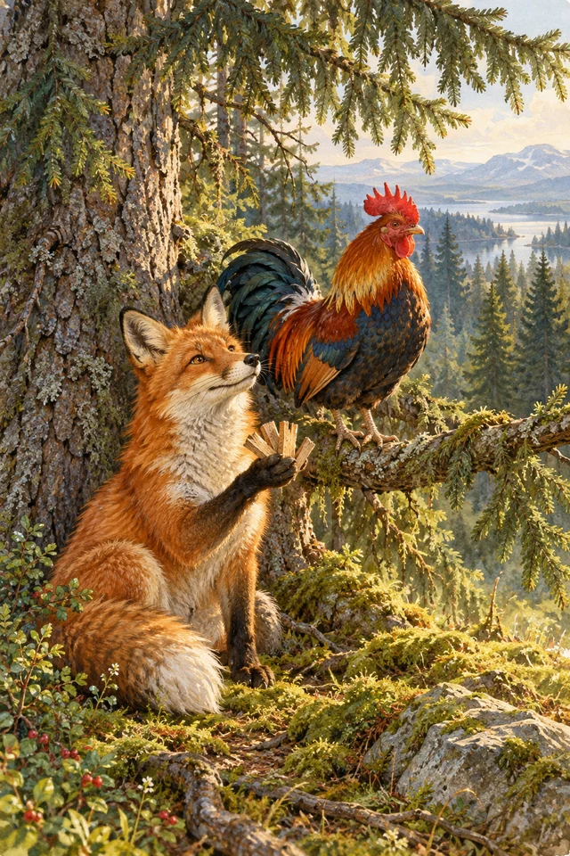 Un zorro ofrece astillas como cartas a un gallo que permanece a salvo en un abeto.
