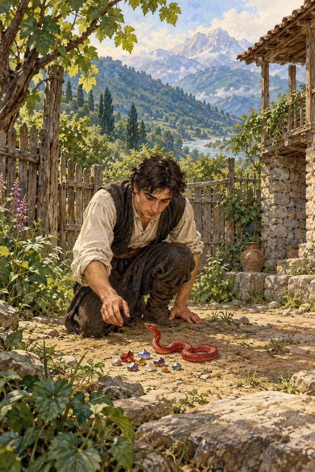 El joven encuentra piedras preciosas junto a la serpiente roja en su patio.