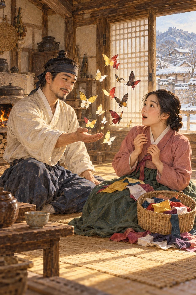 El soldado sostiene la mano abierta mientras mariposas de colores vuelan ante su esposa y la canasta de costura.