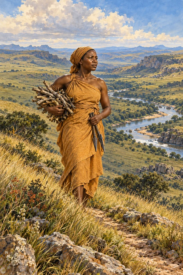 La madre reúne leña y dos piezas de hierro antes de salir en busca de sus hijos.