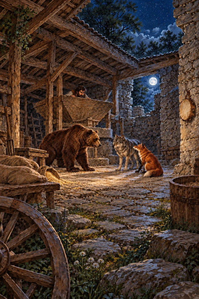 Un viajero escucha desde la tolva del molino al oso, al lobo y al zorro; una pandereta cuelga de la pared.