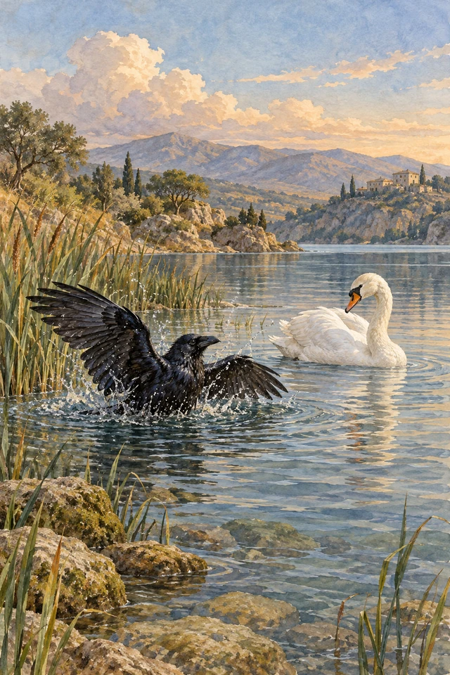 Un cuervo negro se baña junto a un cisne blanco en una laguna.