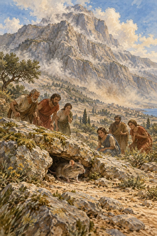 Un ratón sale de una grieta de la montaña ante un grupo de personas expectantes.