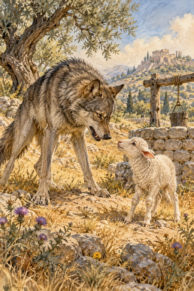Un lobo se enfrenta a un cordero pequeño en un prado.