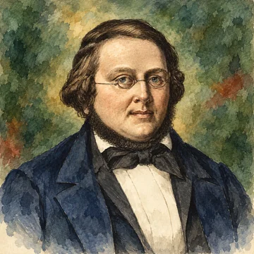 Retrato ilustrado de Peter Christen Asbjørnsen joven, con gafas redondas y cabello oscuro, basado en un grabado histórico.