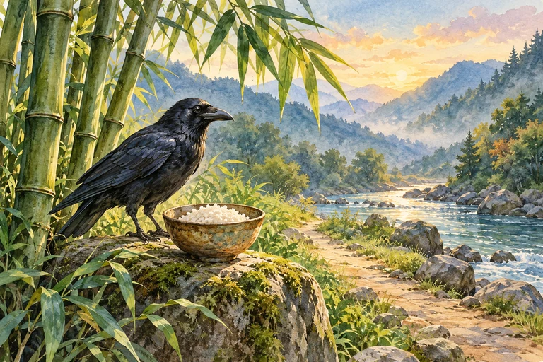 Un cuervo junto a un cuenco de arroz y tallos de bambú, con un río al fondo.