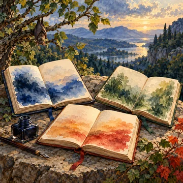 Tres libros abiertos con manchas de color, un tintero y una pluma; un murciélago cuelga de una rama.