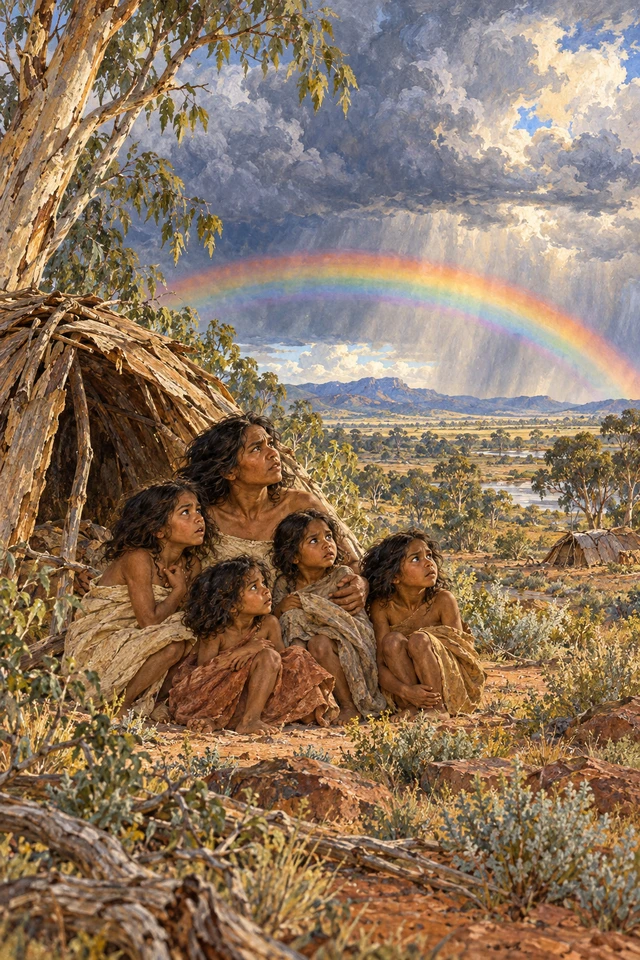 Deereeree reúne a sus cuatro hijas al ver el arcoíris Euloowirree sobre los refugios del campamento.